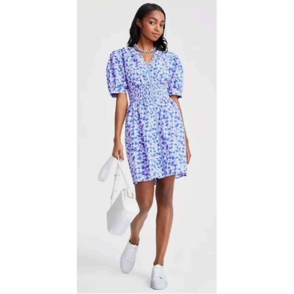 On 34th Smocked Puff Sleeve Mini Dress Womens XL Blue Floral Zip Casual NWT